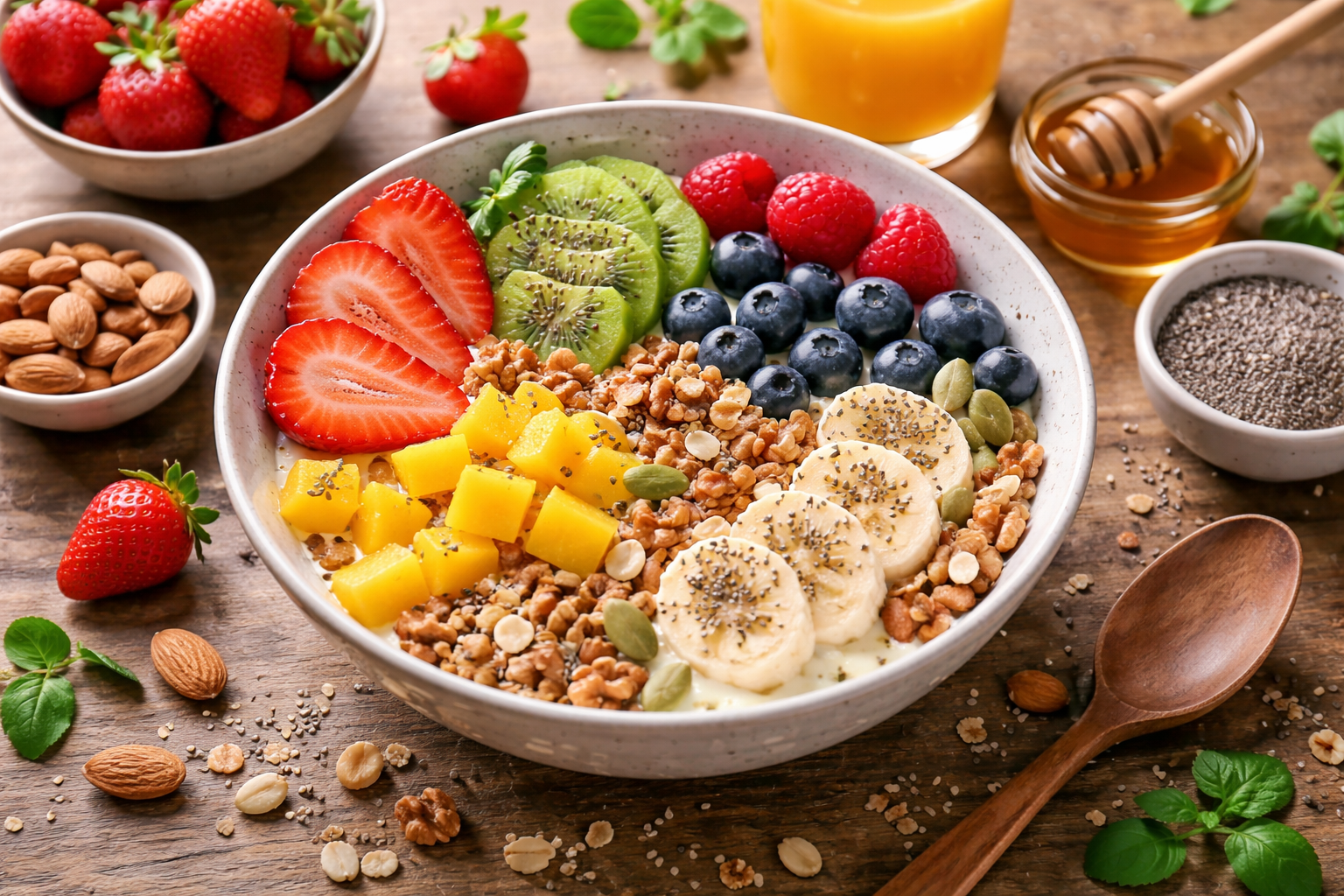 Healthy breakfast bowl with fresh fruits, nuts and seeds, colorful nutritious meal on wooden table, morning wellness concept, natural ingredients